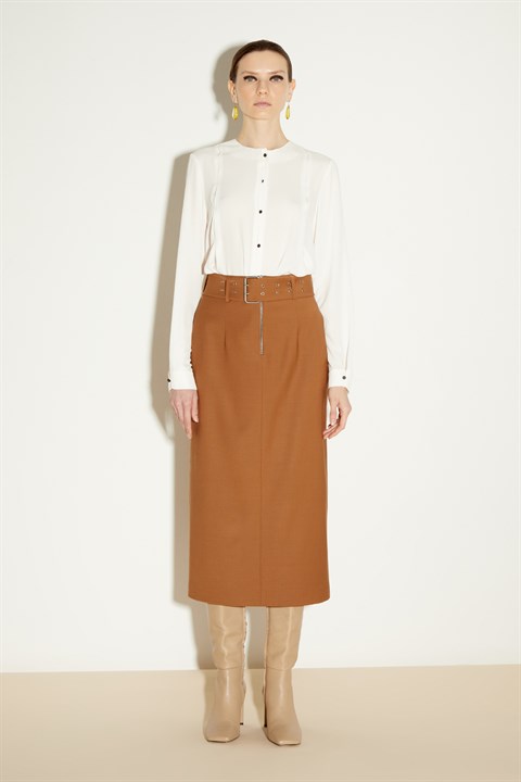 Midi Straight Skirt With Metal Zipper And Belt Tobacco
