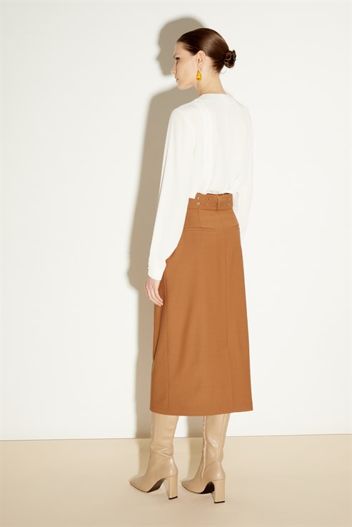 Midi Straight Skirt With Metal Zipper And Belt Tobacco
